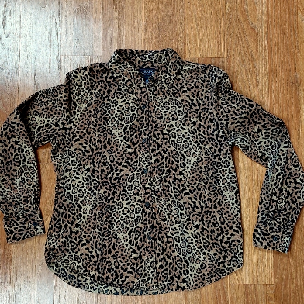 Chaps Womens Large Classic Leopard Button Down Shirt